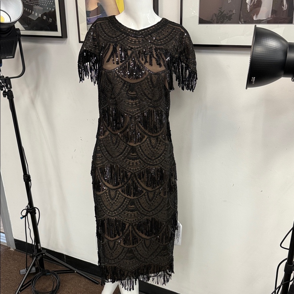 Tadashi Shoji Black Sequin Midi Dress with Fringe NWT - Picture 3 of 8
